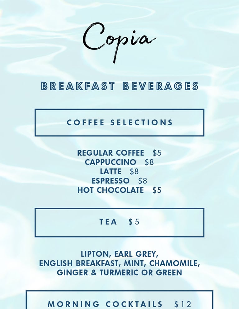 copia-breakfast-drinks-menu - Peace & Plenty Resort, Georgetown, Exuma Beach Rentals Breakfast Beverages
