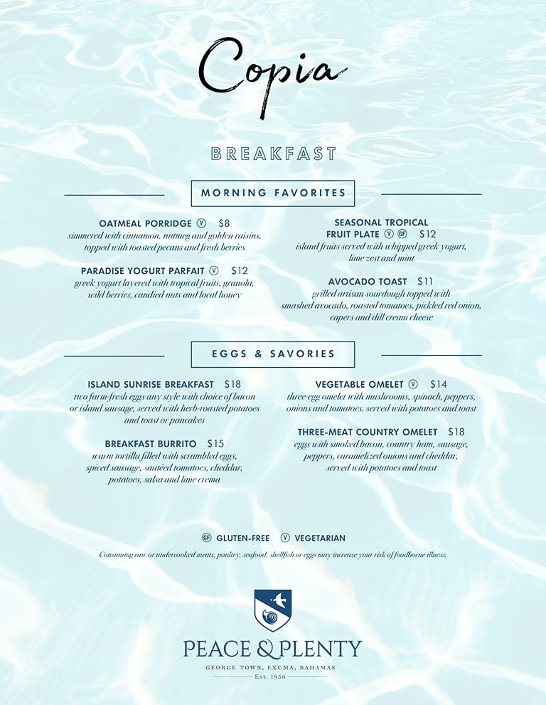 copia-breakfast-menu-card - Peace & Plenty Resort, Georgetown, Exuma Beach Rentals Breakfast
