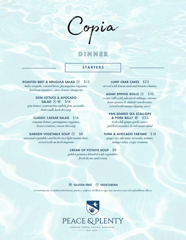 copia-dinner-menu-card - Peace & Plenty Resort, Georgetown, Exuma Beach Rentals Dinner