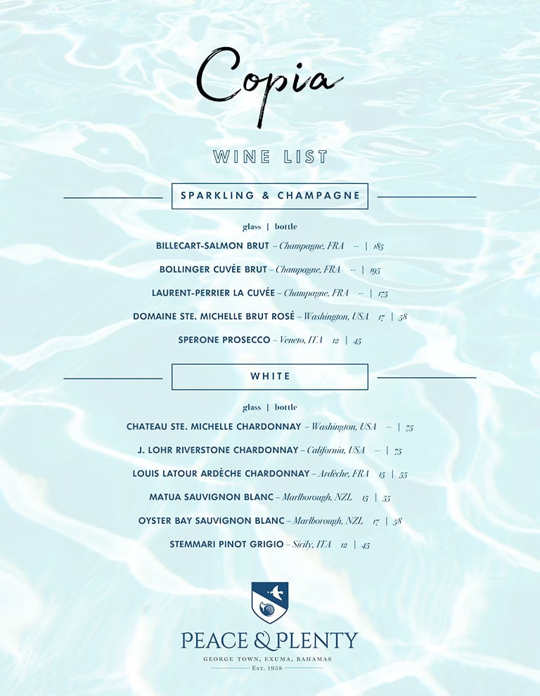 copia-wine-menu-card - Peace & Plenty Resort, Georgetown, Exuma Beach Rentals Copia Wine menu